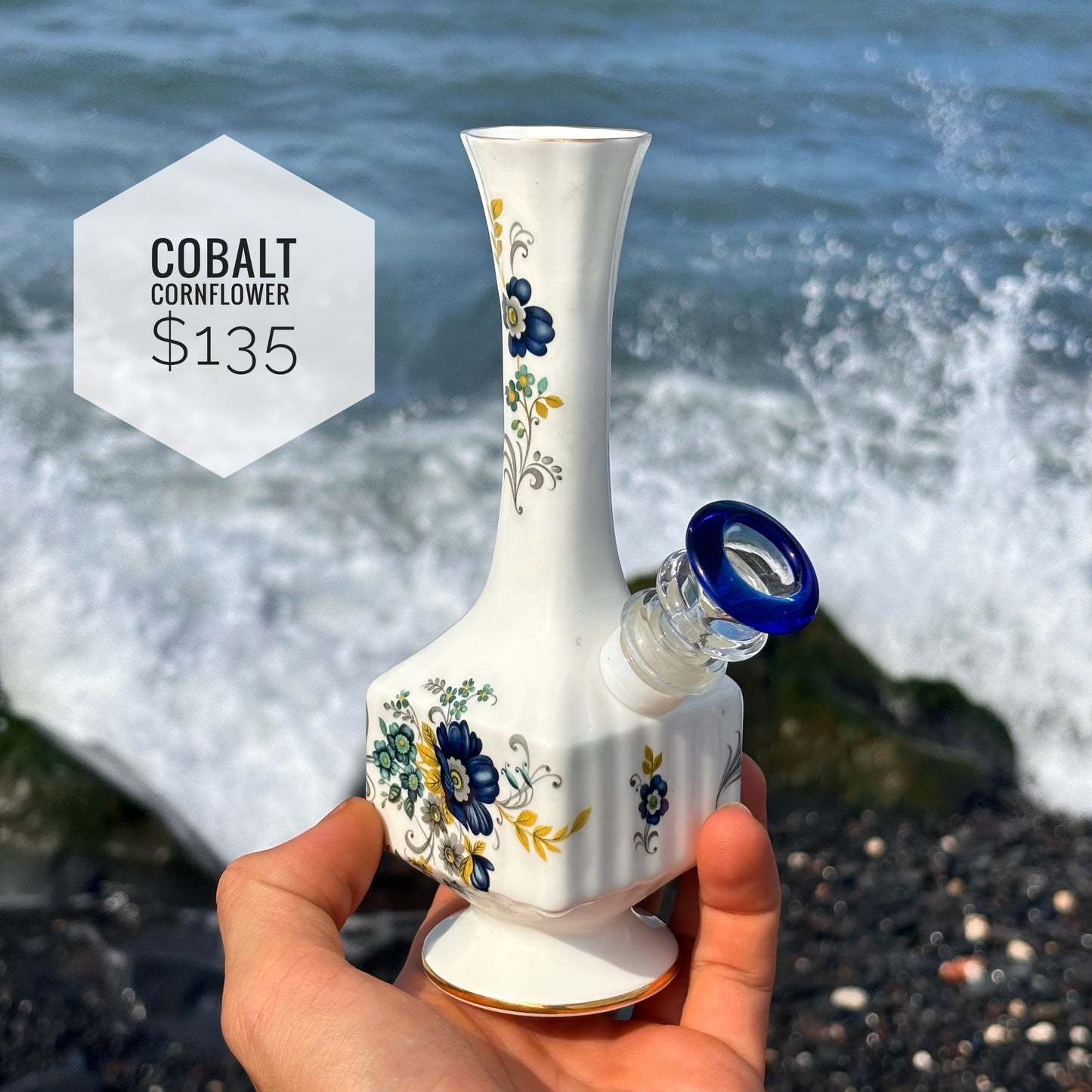 "Cobalt Cornflower" Vintage China Upcycled Vase Bong with Gilded Details