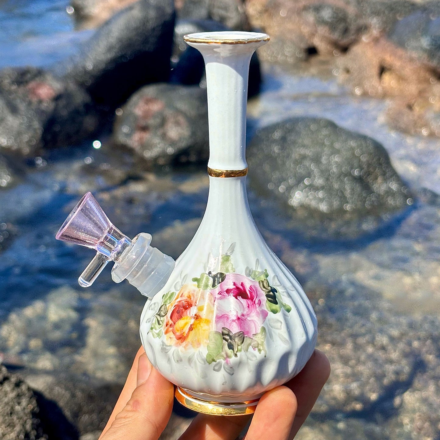 “Petite Pansy” Vintage Upcycled Ceramic Vase Bong with Gilded Details