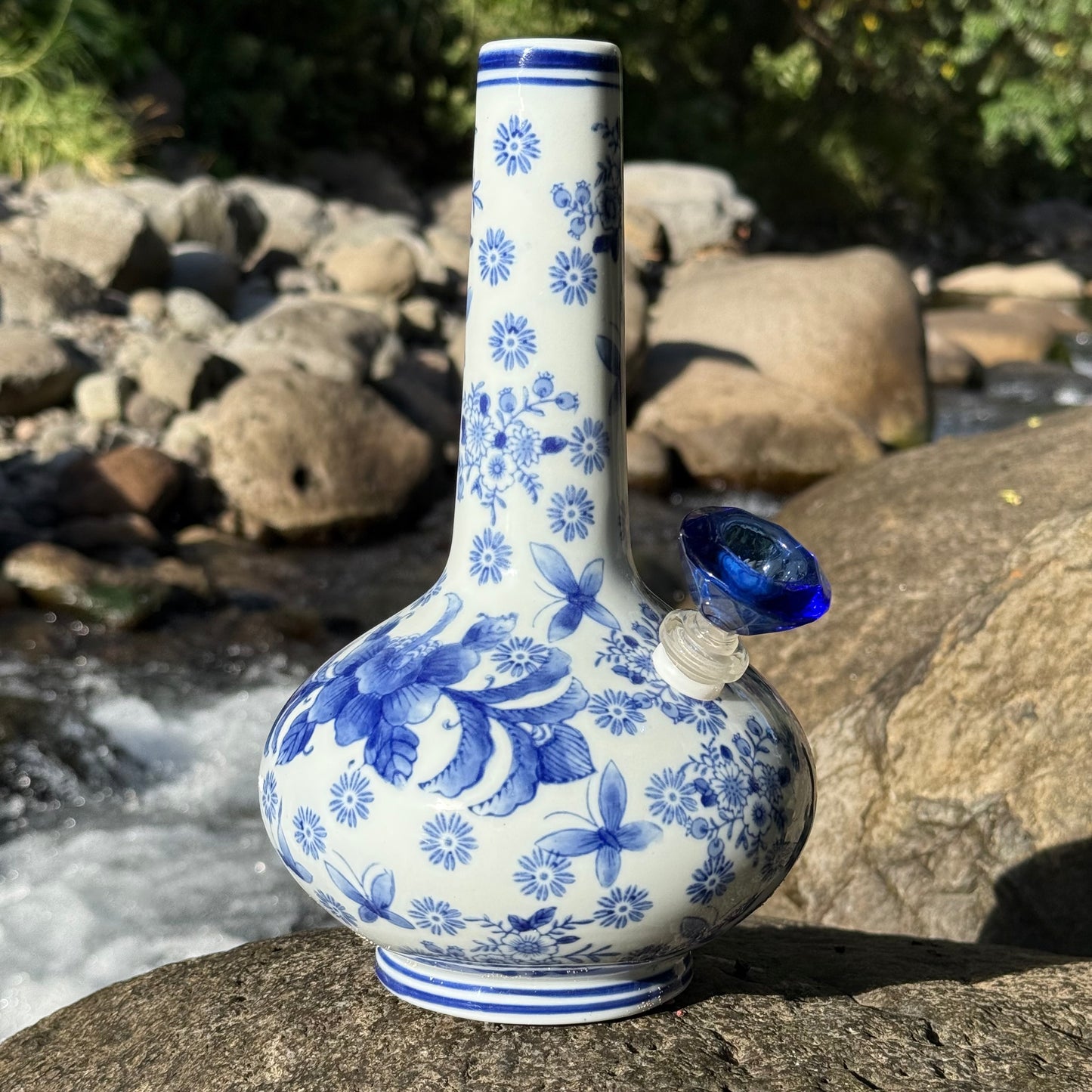 “Azure Ascension” Vintage Upcycled Porcelain Ceramic Vase Bong