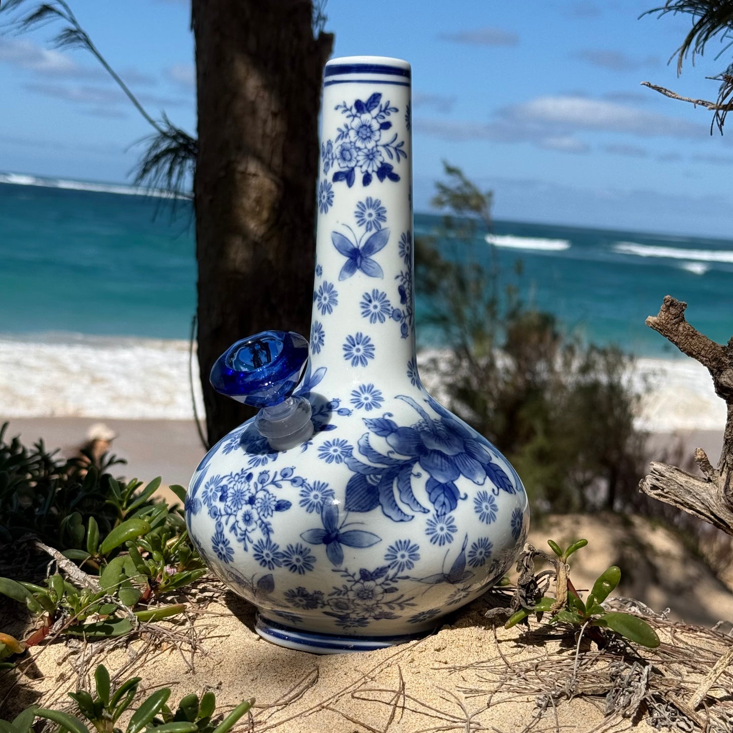 “Azure Ascension” Vintage Upcycled Porcelain Ceramic Vase Bong