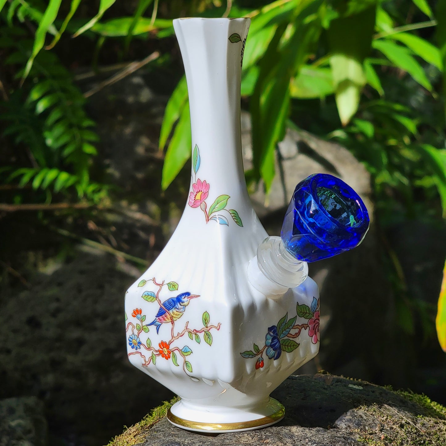 "Bluebird" Vintage China Upcycled Vase Bong with Gilded Details