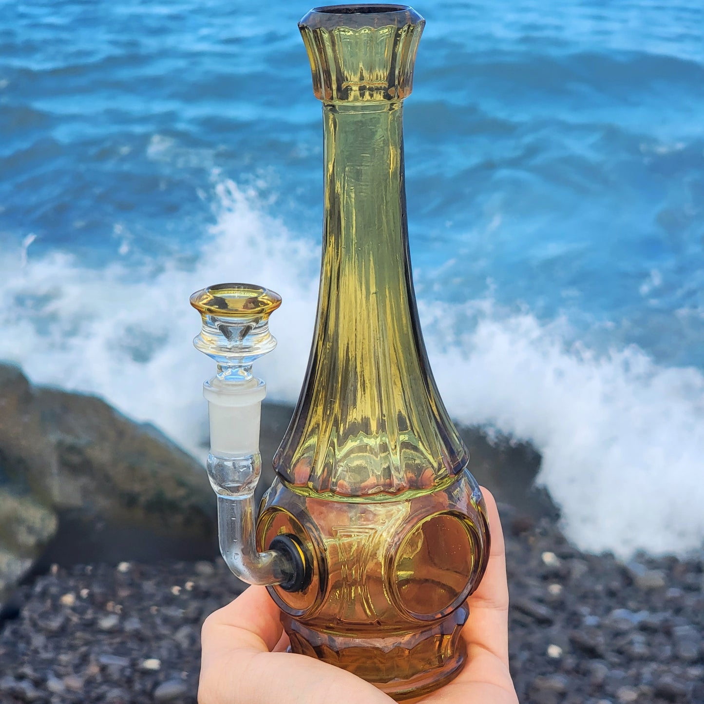 "Crystalline Citrine" Vintage Upcycled Pressed Glass Vase Bong