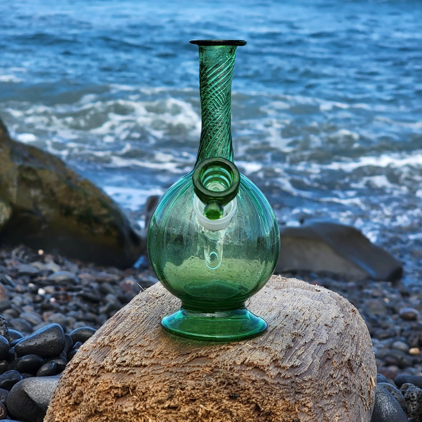 "Emerald Orbiter" Vintage Upcycled Handblown Swirl Glass Vase Bong