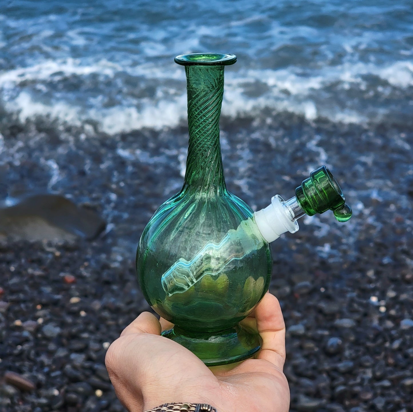 "Emerald Orbiter" Vintage Upcycled Handblown Swirl Glass Vase Bong