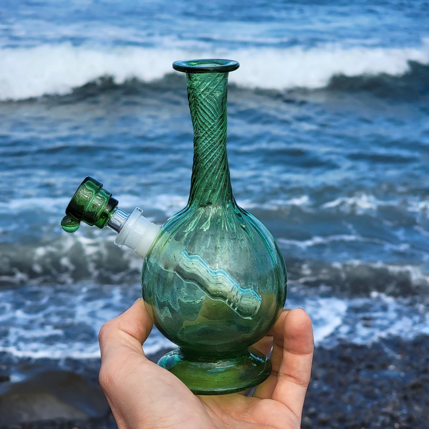 "Emerald Orbiter" Vintage Upcycled Handblown Swirl Glass Vase Bong
