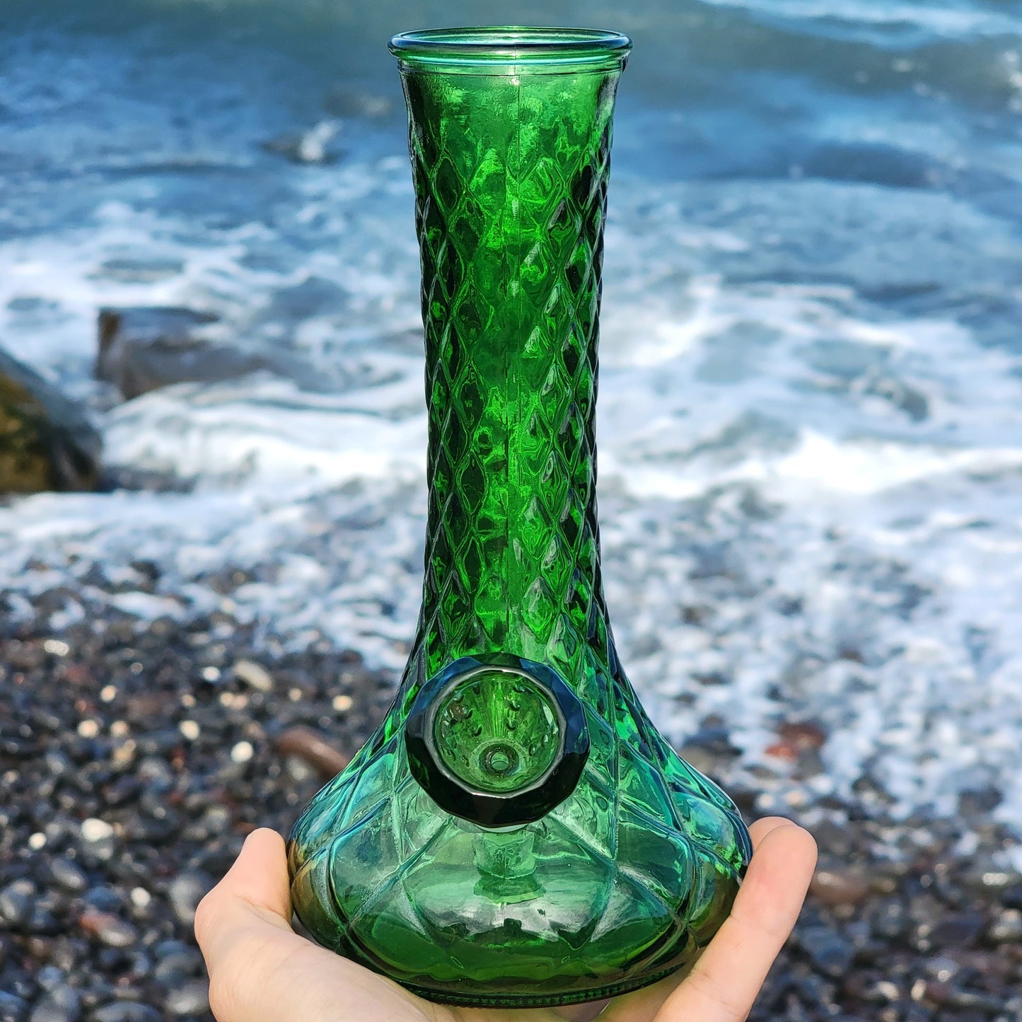 "Emerald Excellence" Vintage Upcycled Quilted Glass Vase Bong