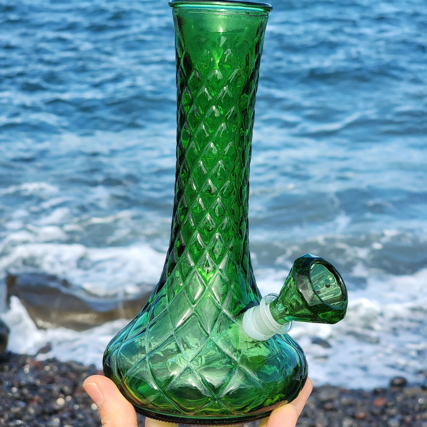 "Emerald Excellence" Vintage Upcycled Quilted Glass Vase Bong