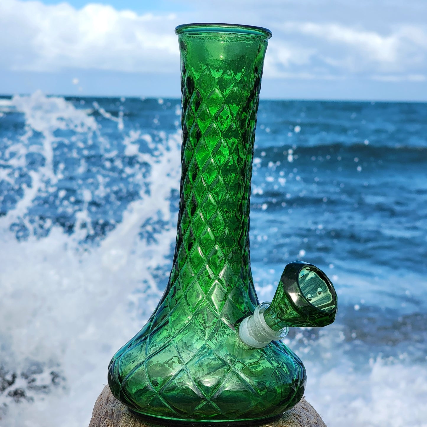 "Emerald Excellence" Vintage Upcycled Quilted Glass Vase Bong