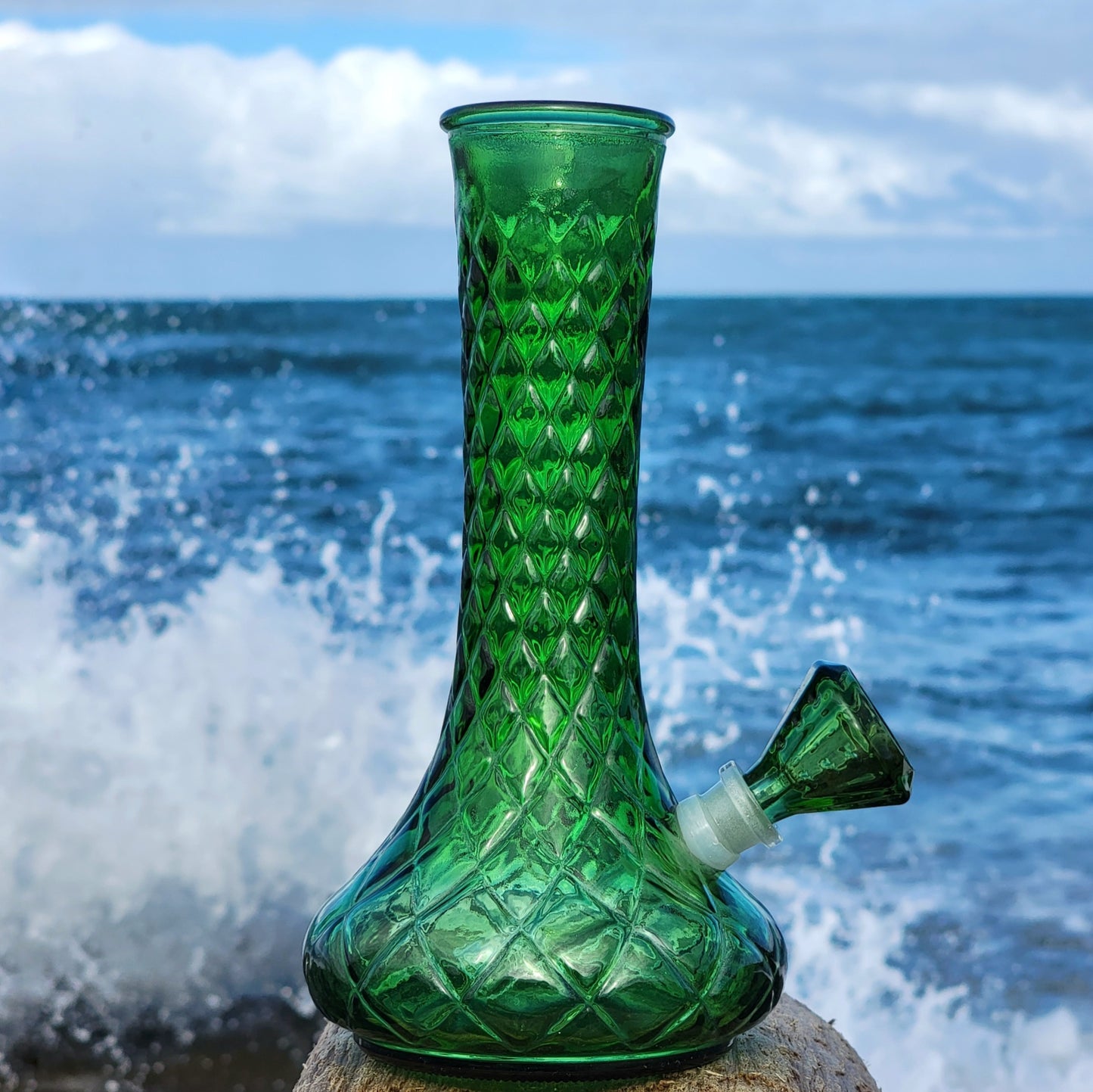 "Emerald Excellence" Vintage Upcycled Quilted Glass Vase Bong