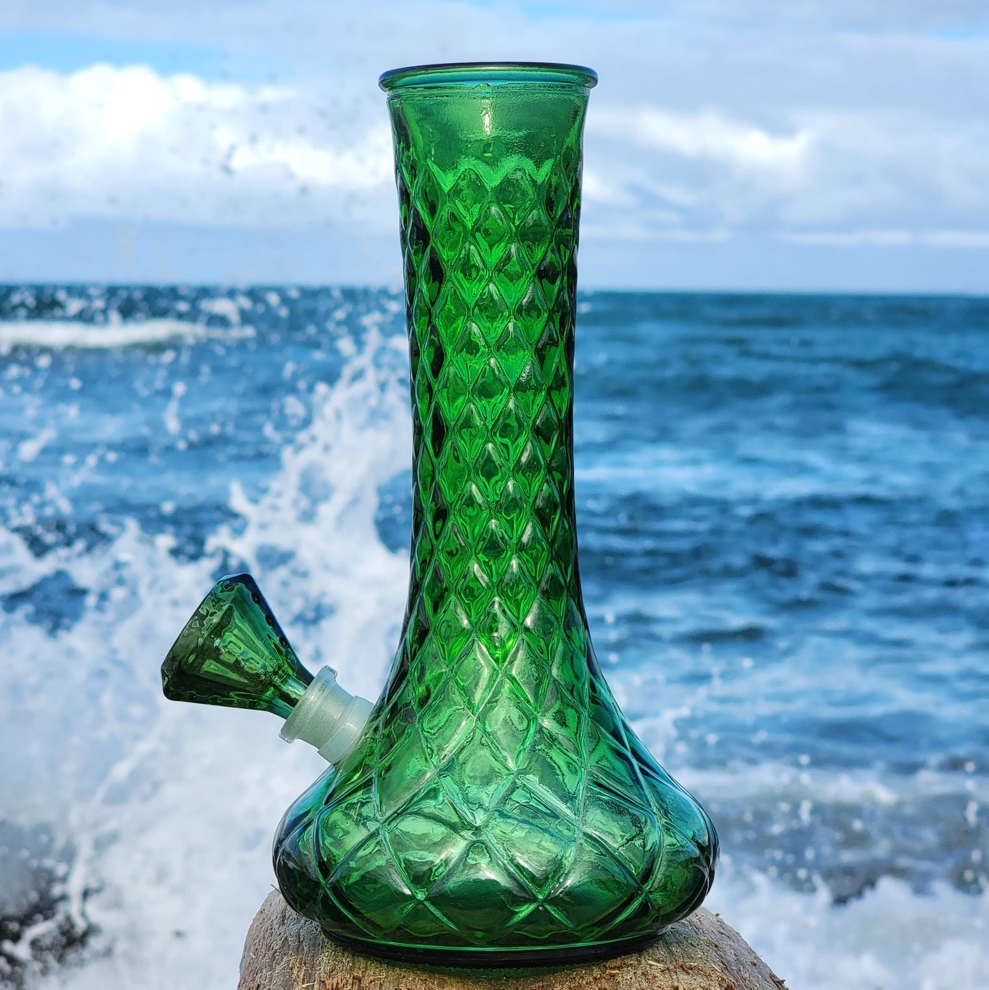 "Emerald Excellence" Vintage Upcycled Quilted Glass Vase Bong