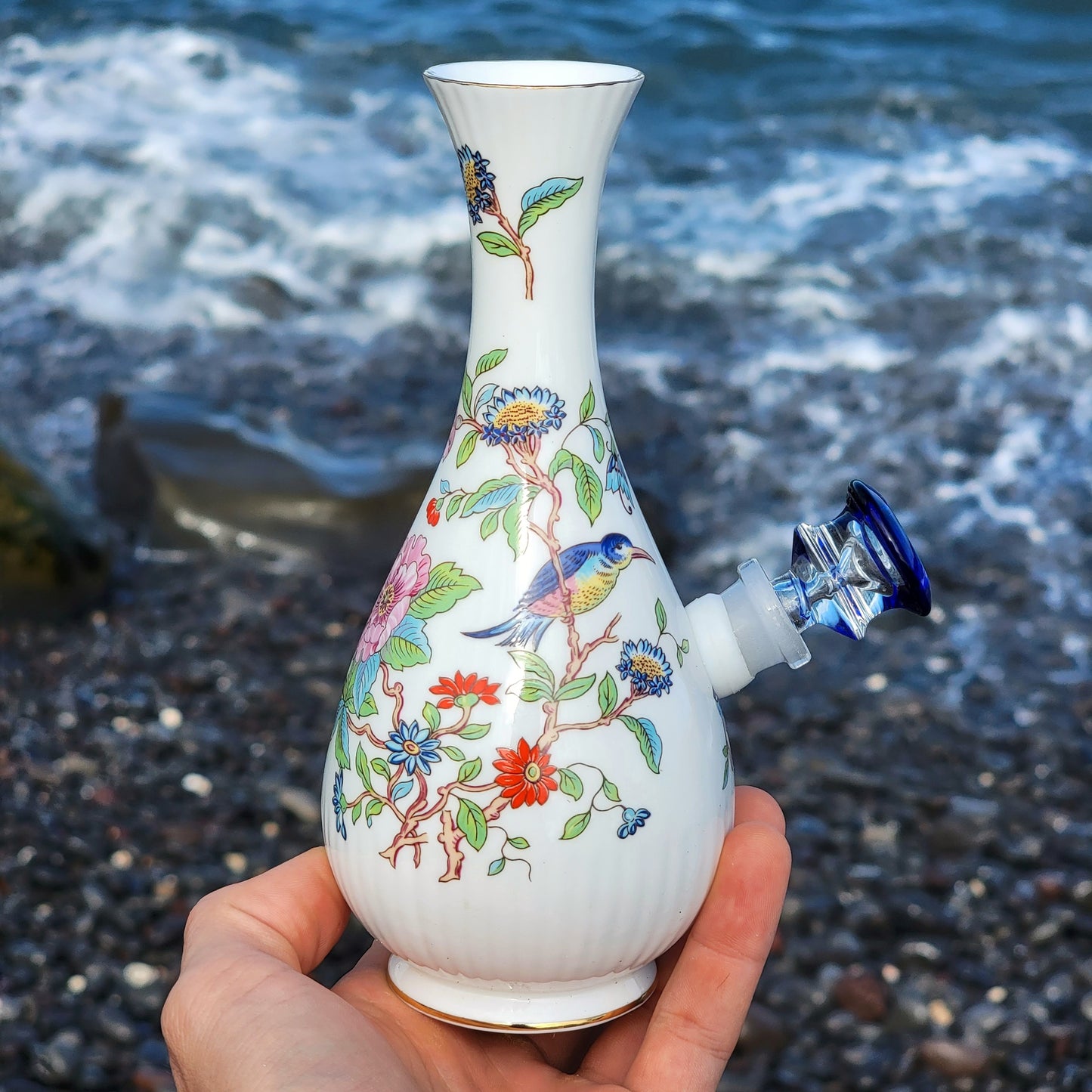 "Honeycreeper Set" Vintage Upcycled Ceramic Bong with Matching Stash Jar