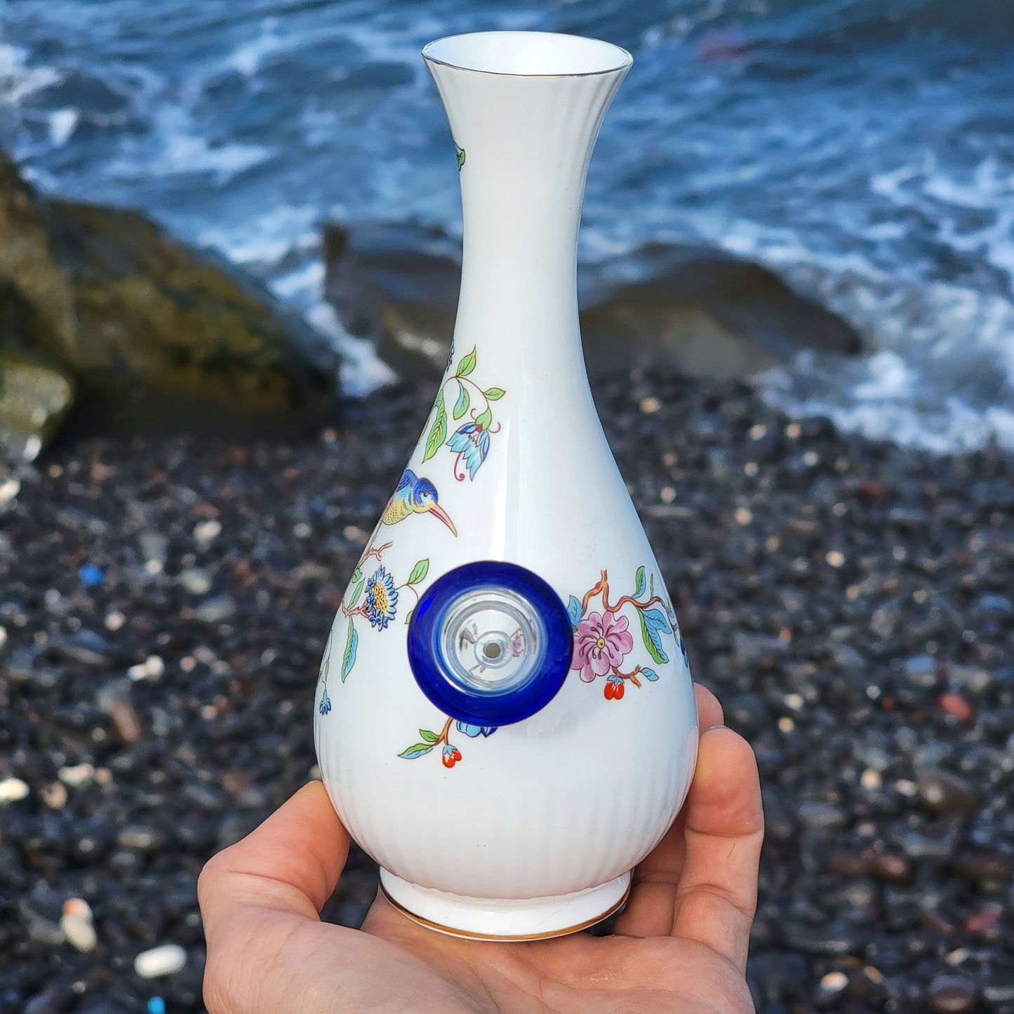 "Honeycreeper Set" Vintage Upcycled Ceramic Bong with Matching Stash Jar