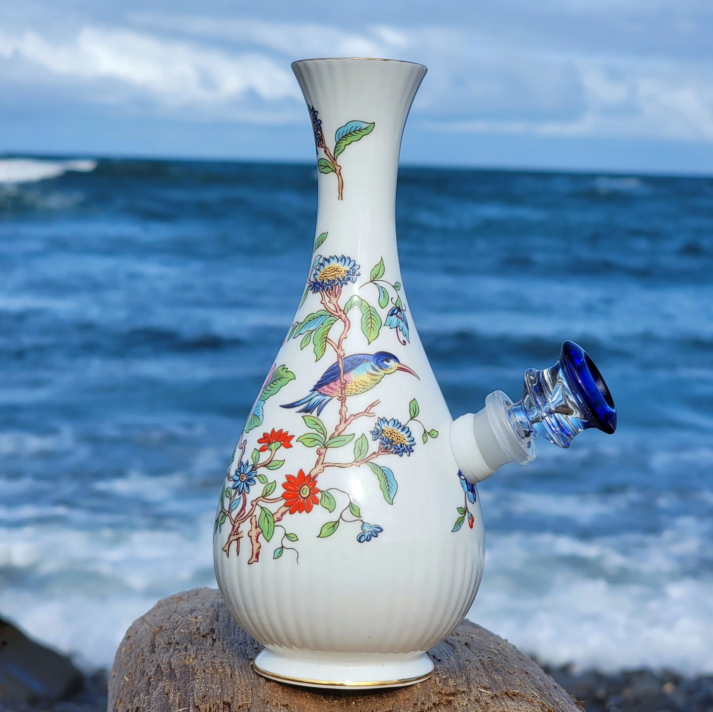 "Honeycreeper Set" Vintage Upcycled Ceramic Bong with Matching Stash Jar