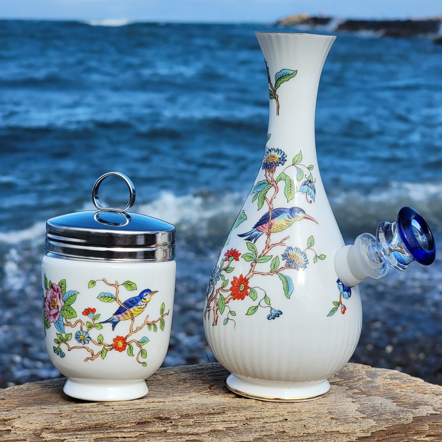 "Honeycreeper Set" Vintage Upcycled Ceramic Bong with Matching Stash Jar
