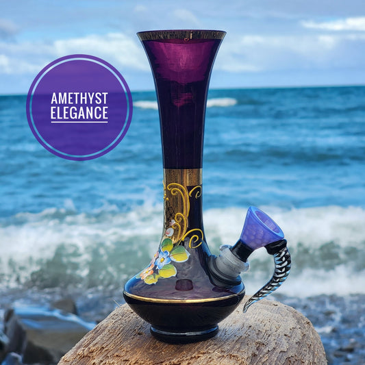 "Amethyst Elegance" Vintage Upcycled Handblown Glass Bong with Gold Details