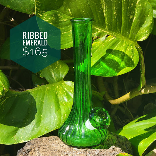 "Ribbed Emerald" Vintage Upcycled Emerald Glass Vase Bong