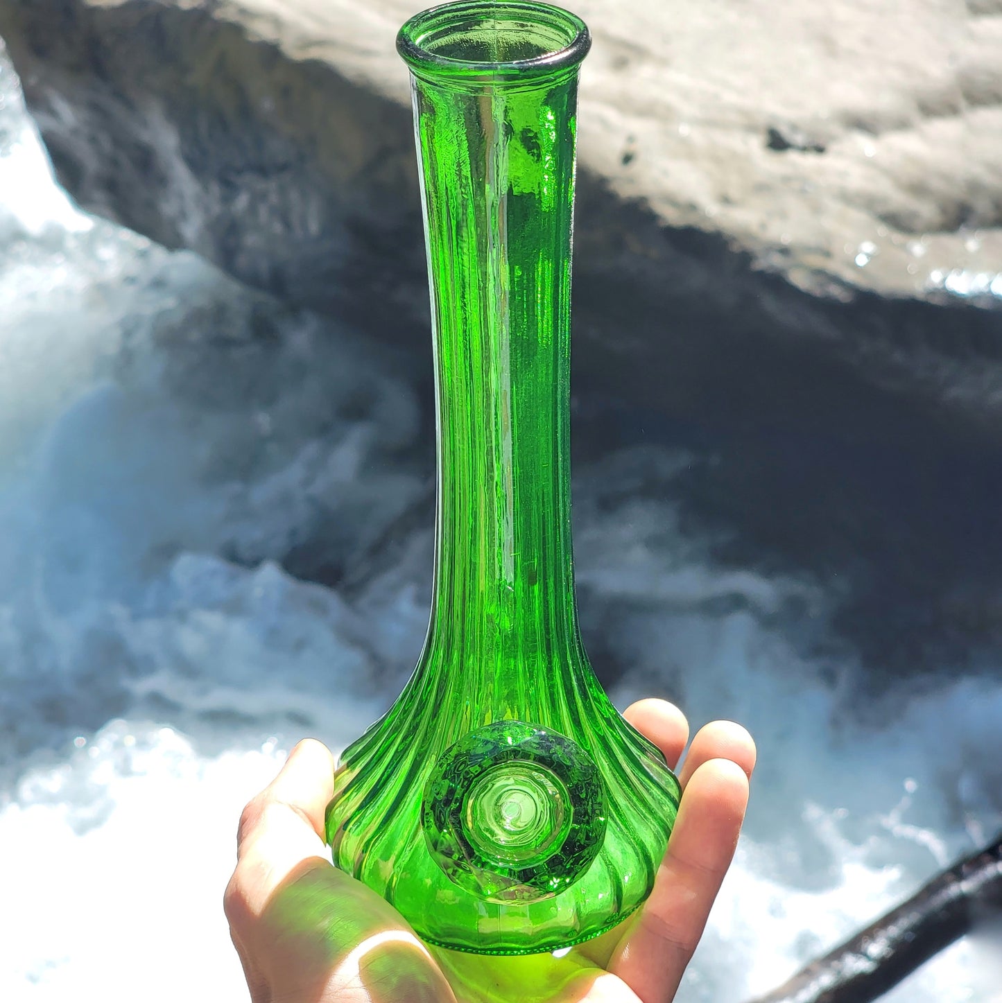 "Ribbed Emerald" Vintage Upcycled Emerald Glass Vase Bong