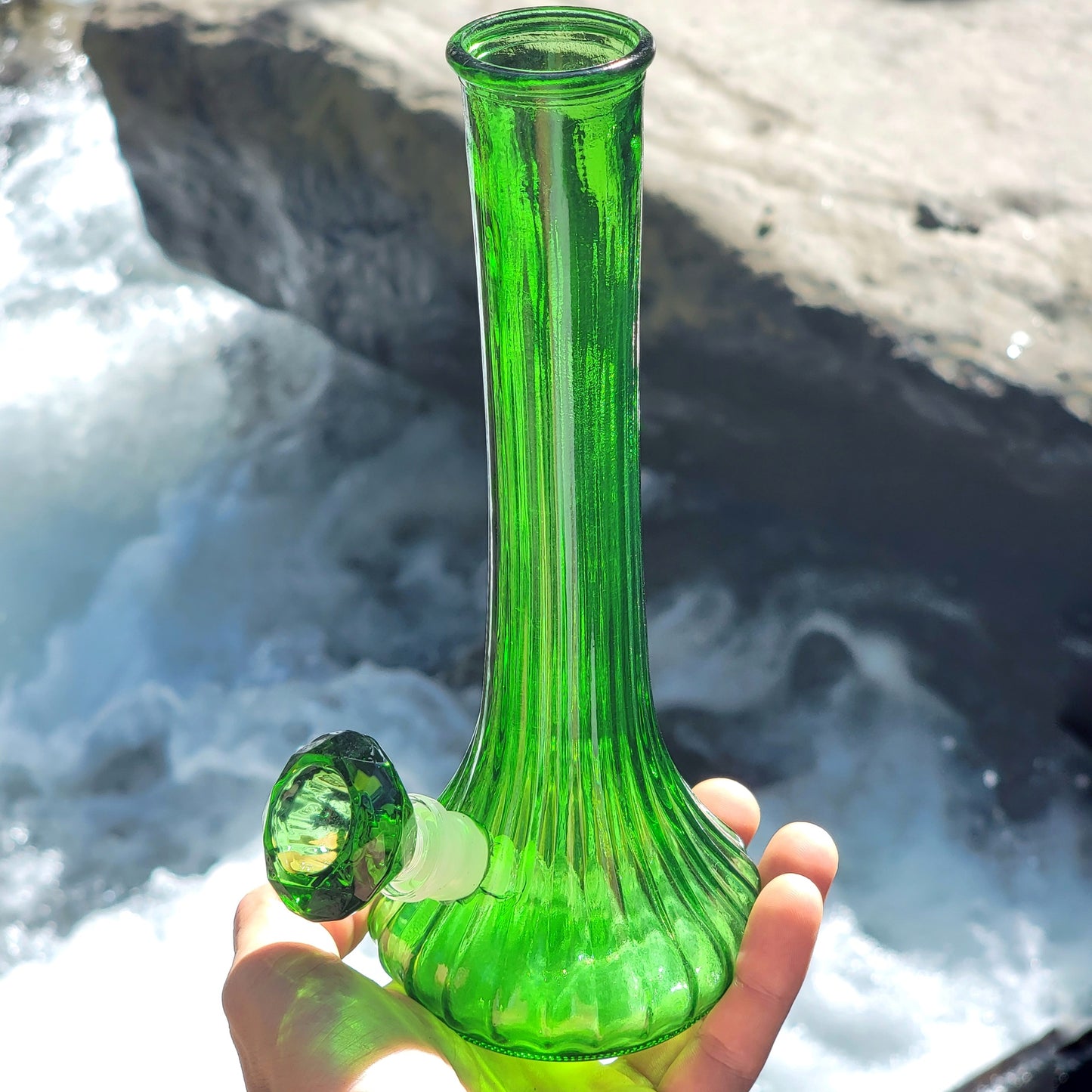 "Ribbed Emerald" Vintage Upcycled Emerald Glass Vase Bong