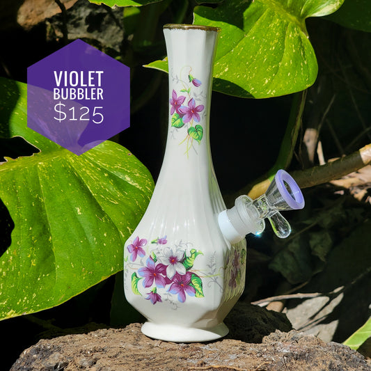 "Violet bubbler" Vintage China Upcycled Vase Bong with Gilded Details