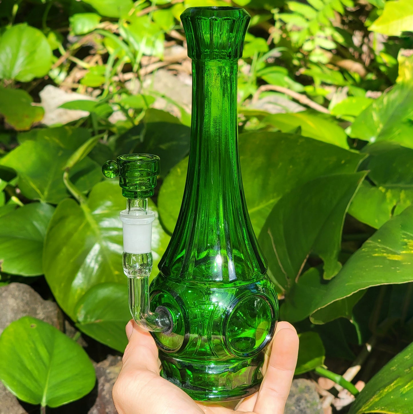 "Crystalline Emerald" Vintage Upcycled Pressed Glass Vase Bong