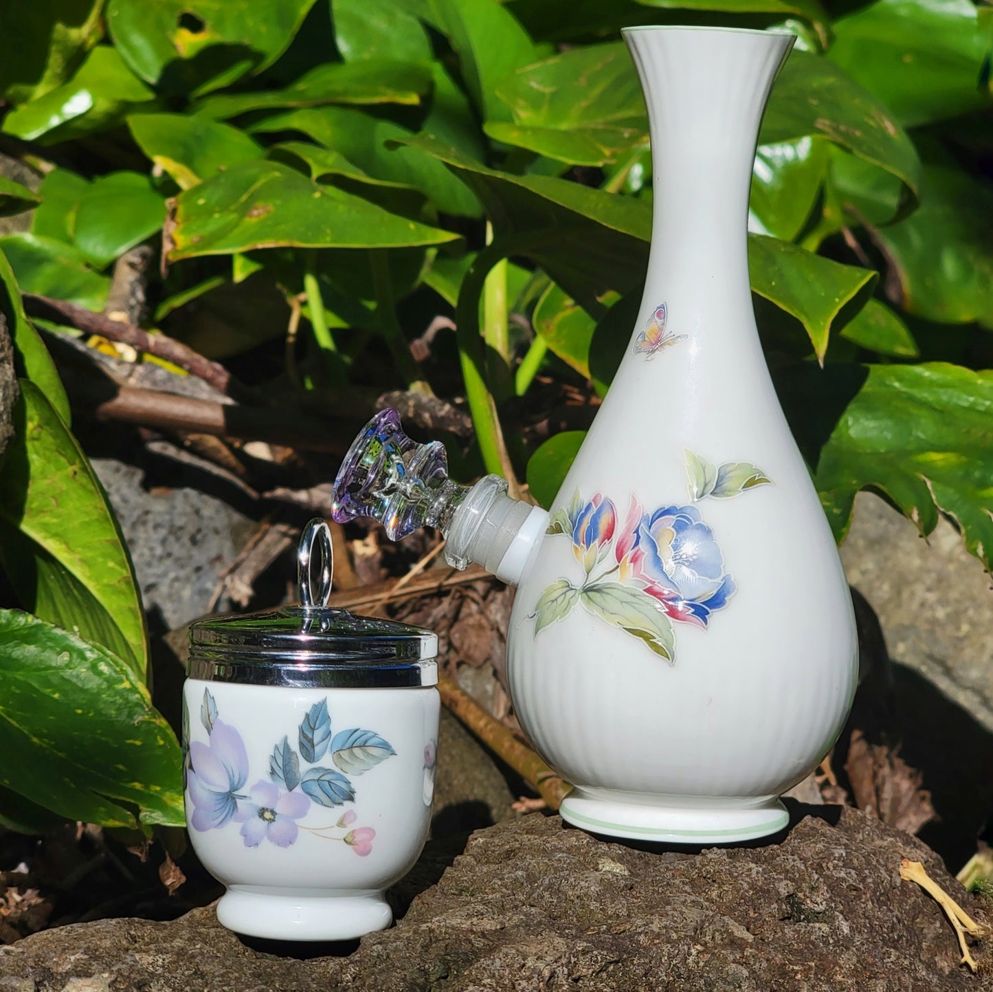 Vintage Ceramic Bong and Matching Stash Jar “Hydrangea Set”