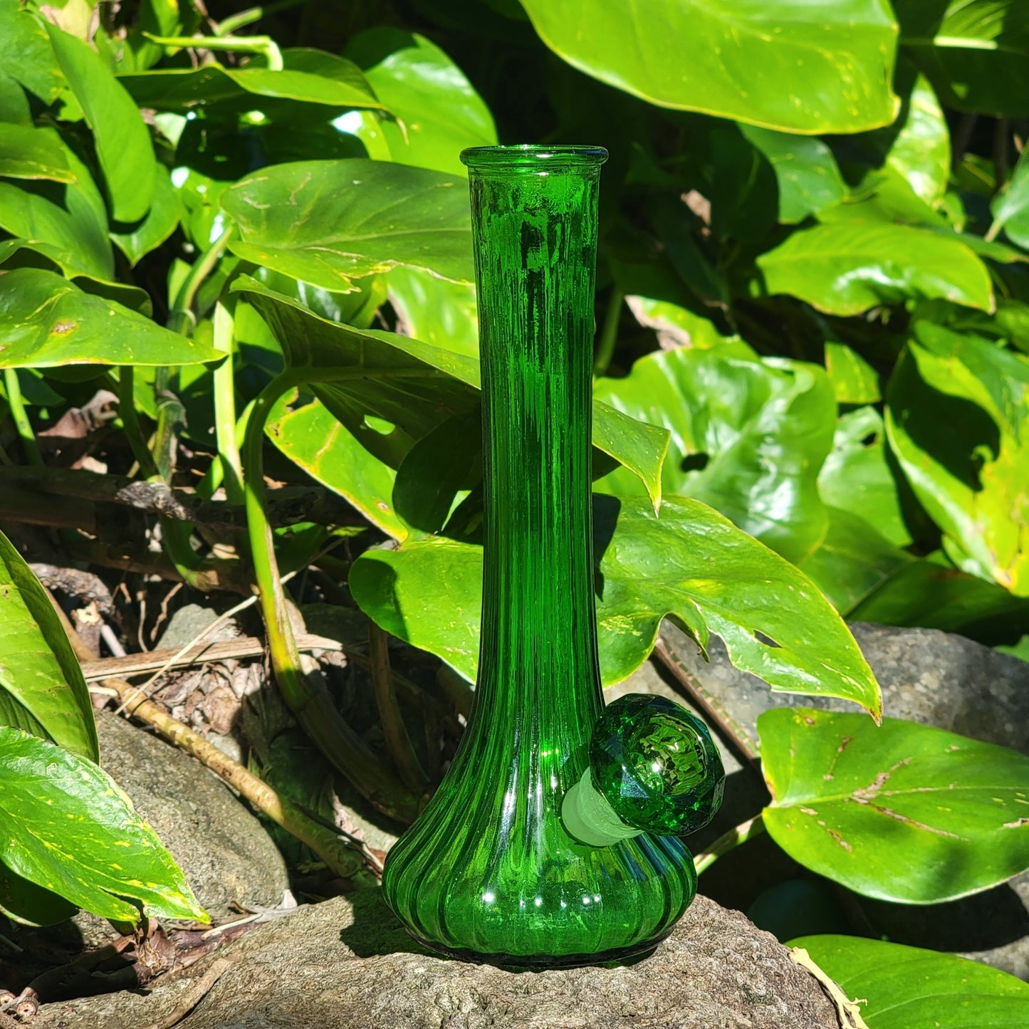 "Ribbed Emerald" Vintage Upcycled Emerald Glass Vase Bong