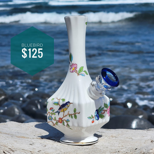 "Bluebird" Vintage China Upcycled Vase Bong with Gilded Details