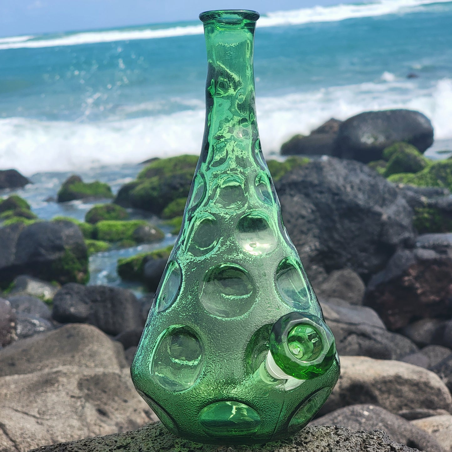 “Dimpled Decanter” Vintage Upcycled Emerald Glass Decanter Bong