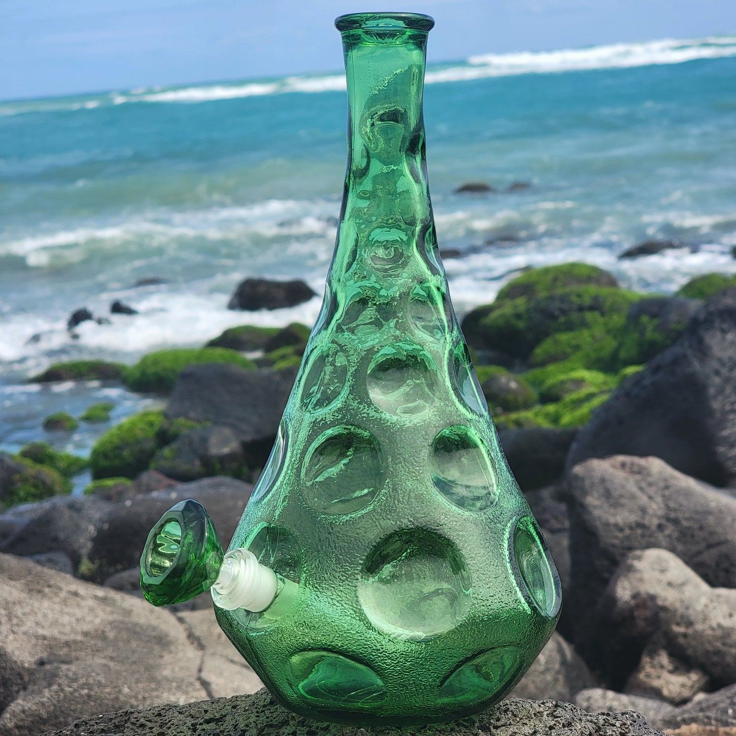 “Dimpled Decanter” Vintage Upcycled Emerald Glass Decanter Bong