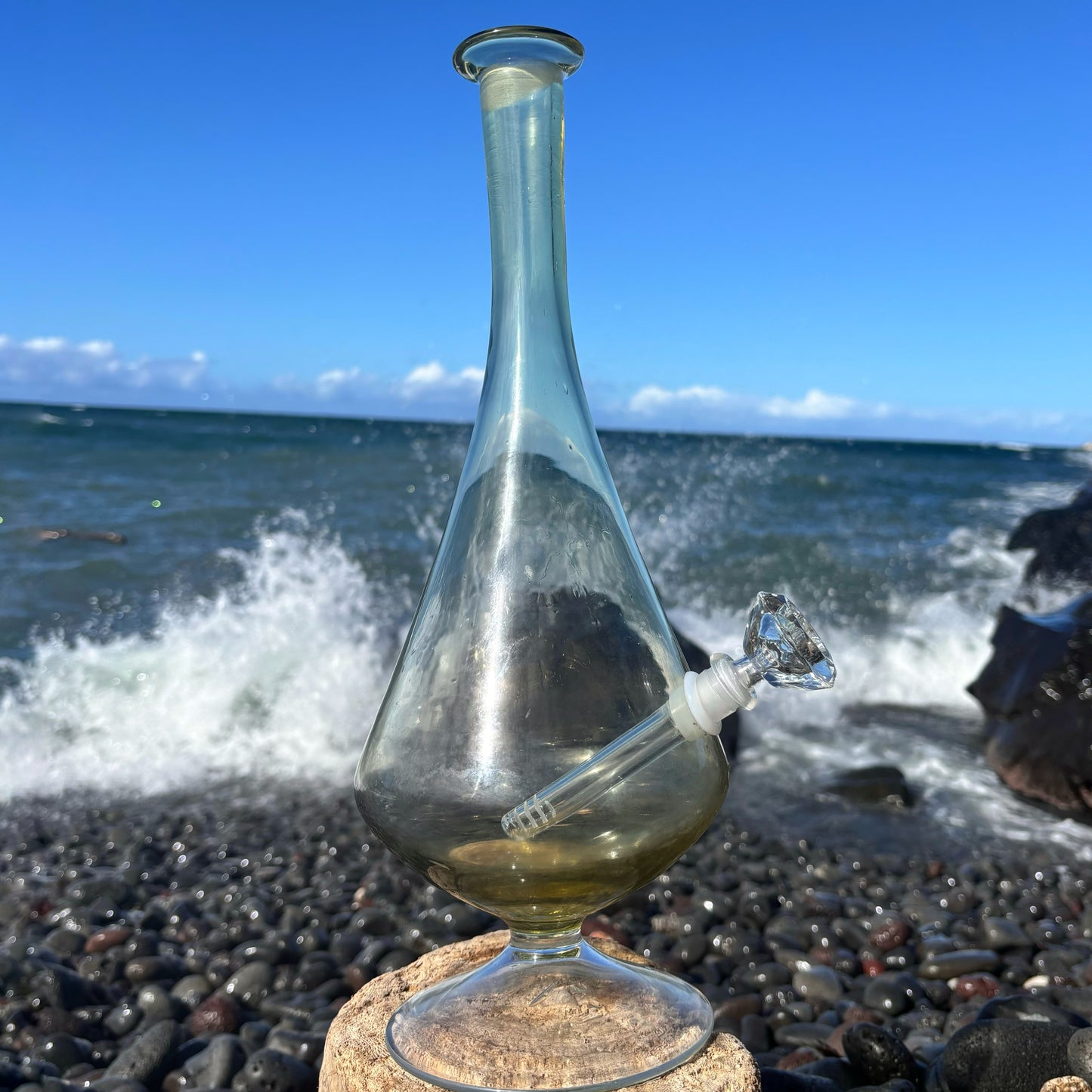 “Peridot Pedestal” Vintage Upcycled Handblown Glass Decanter Bong