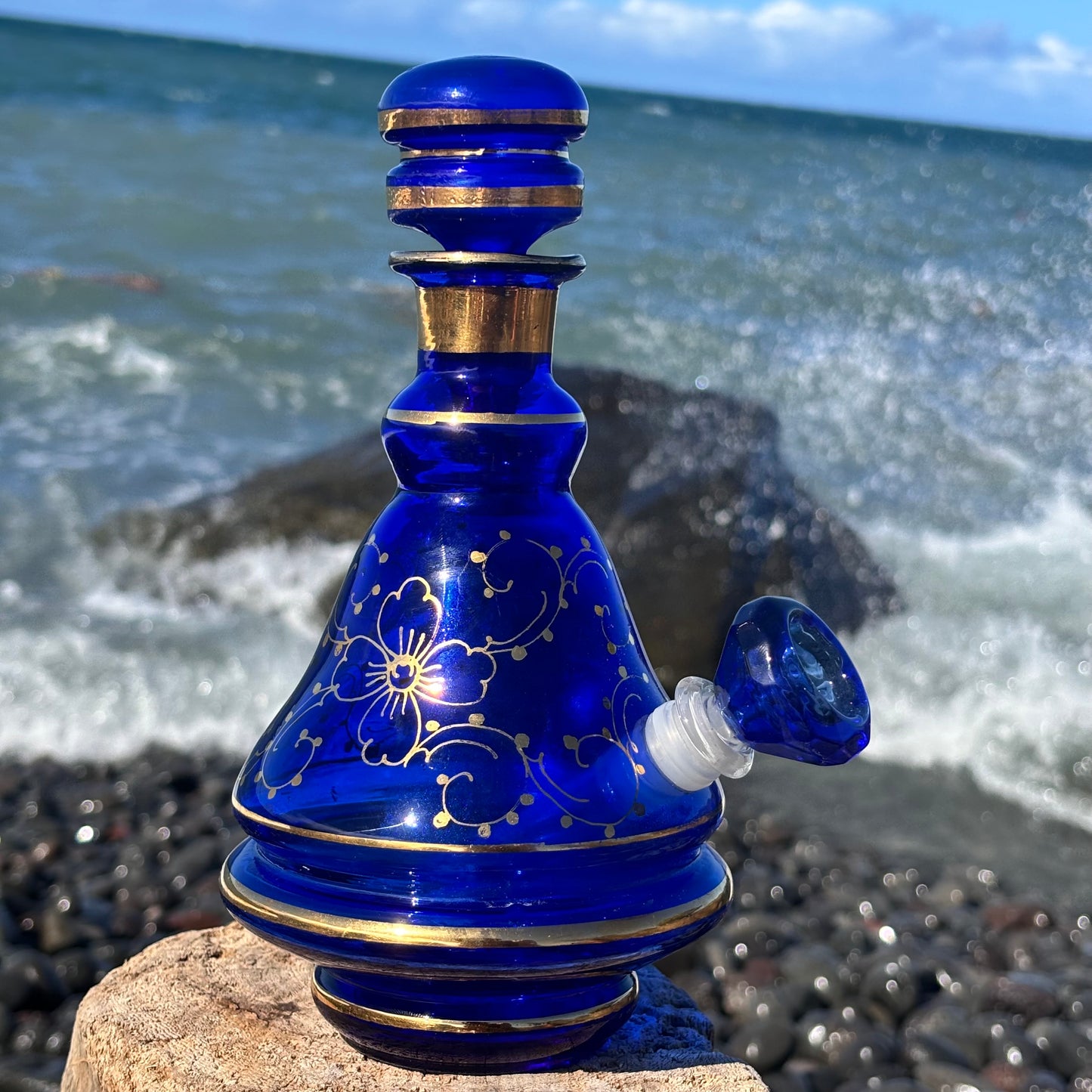 “Cobalt Luminescence” Vintage Handblown Gilded Cobalt Glass Bong