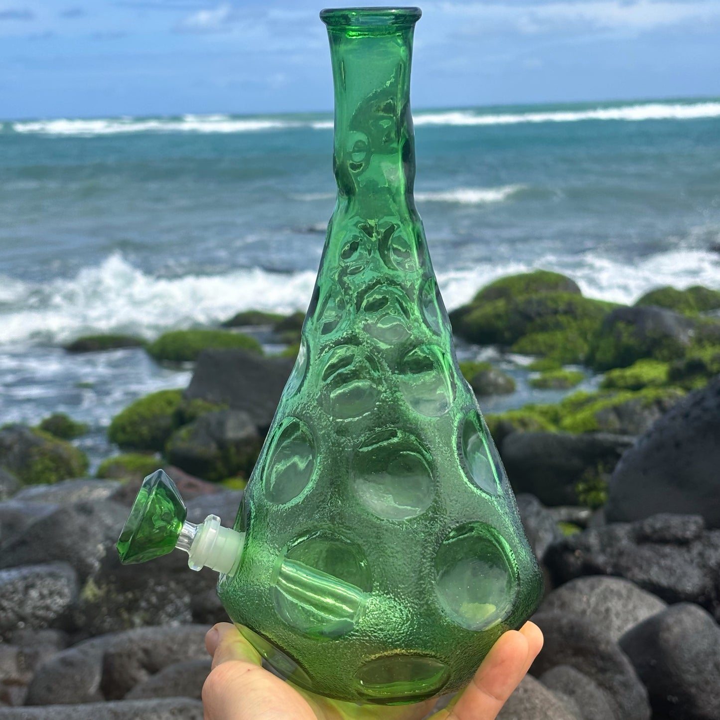 “Dimpled Decanter” Vintage Upcycled Emerald Glass Decanter Bong