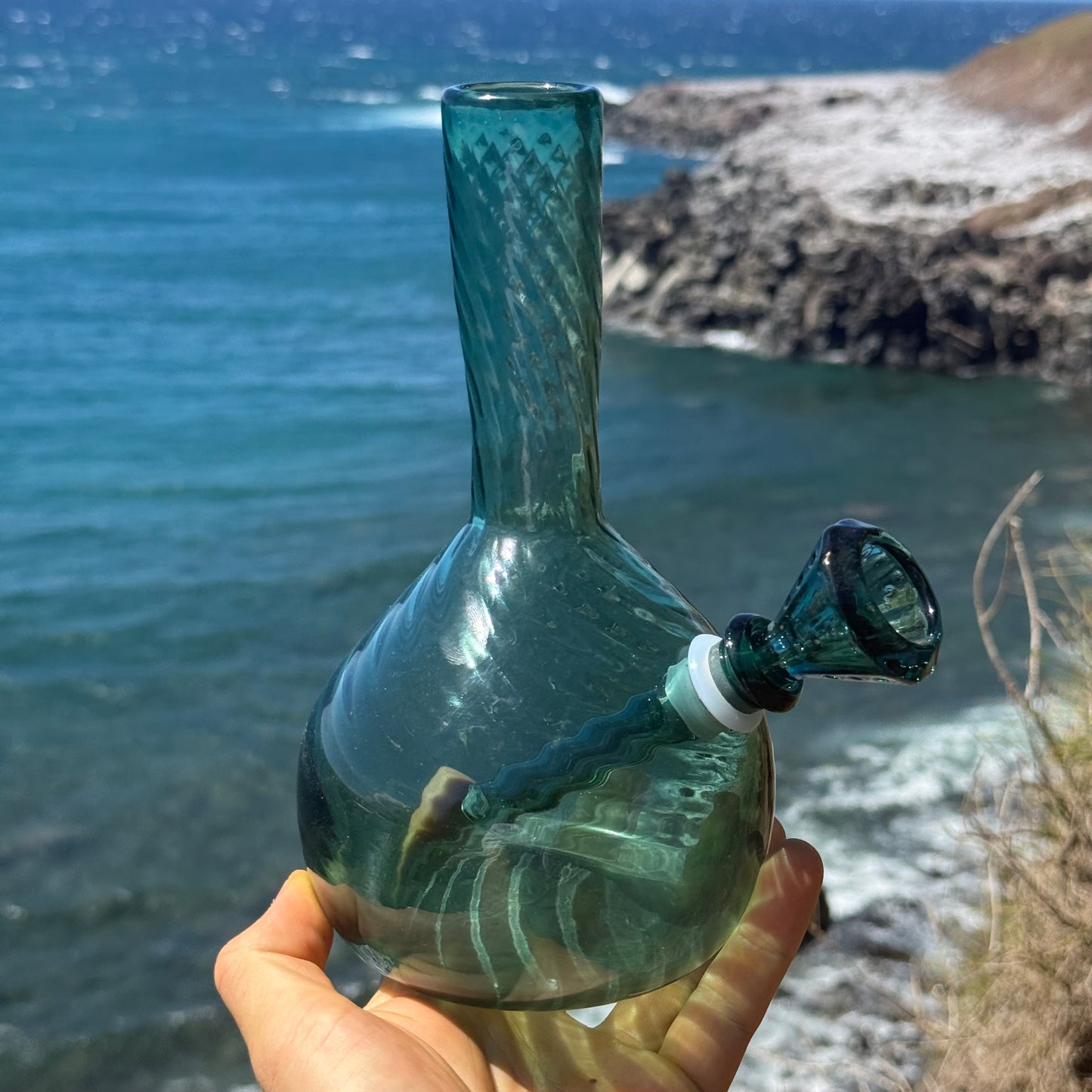 “Teal Totality” Vintage Handblown Teal Glass Swirl Vase Bong