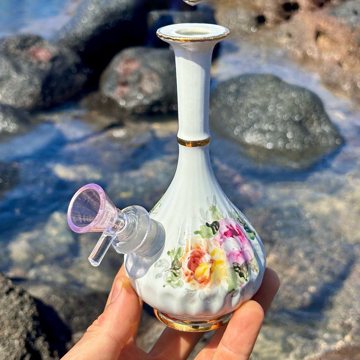 “Petite Pansy” Vintage Upcycled Ceramic Vase Bong with Gilded Details
