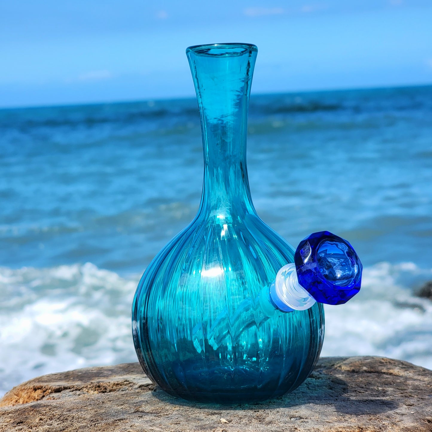 "Posiedons Piece" Vintage Upcycled Handblown Glass Ribbed Vase Bong