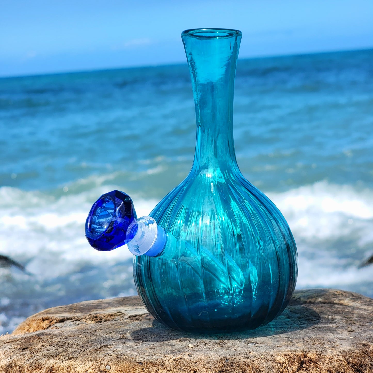 "Posiedons Piece" Vintage Upcycled Handblown Glass Ribbed Vase Bong