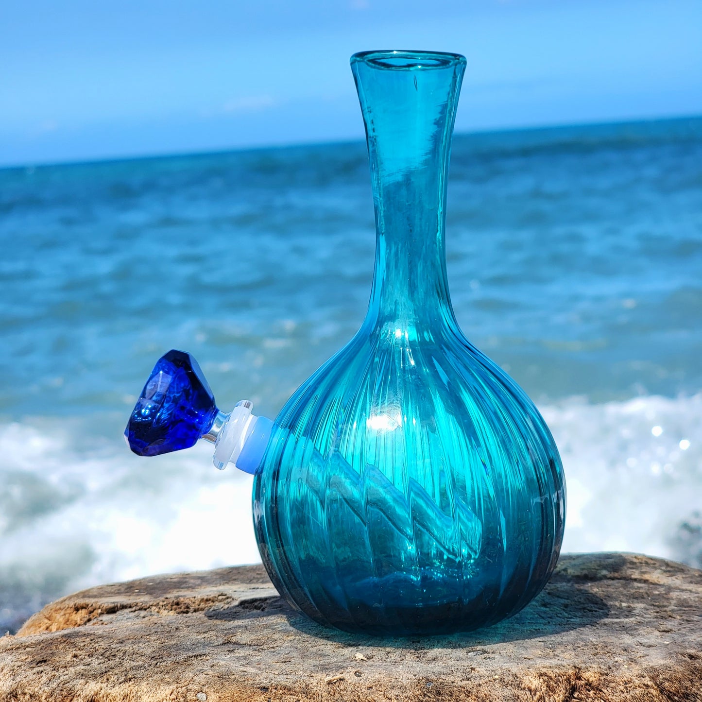 "Posiedons Piece" Vintage Upcycled Handblown Glass Ribbed Vase Bong