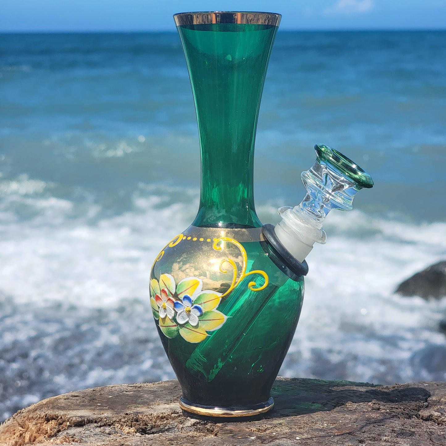 "Emerald Enchantress" Vintage Handblown Handpainted Gilded Glass Bong