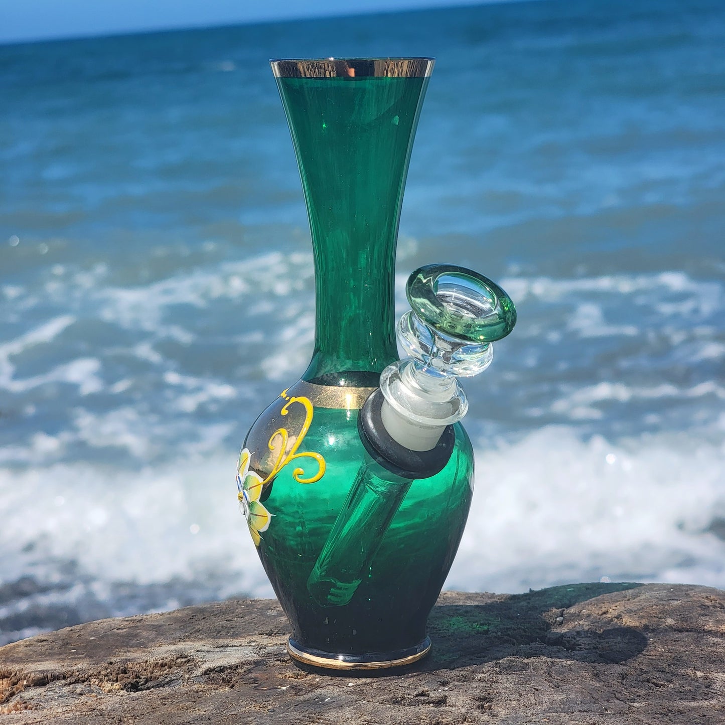 "Emerald Enchantress" Vintage Handblown Handpainted Gilded Glass Bong