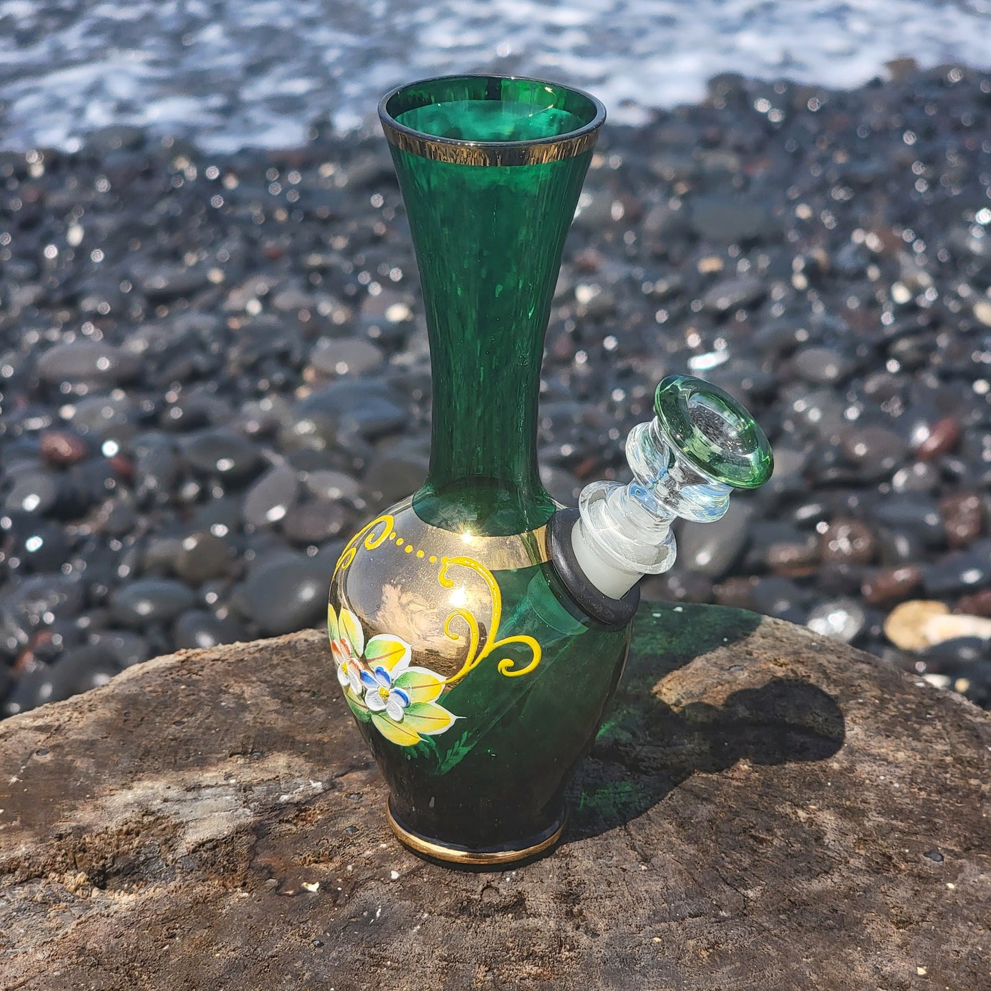"Emerald Enchantress" Vintage Handblown Handpainted Gilded Glass Bong