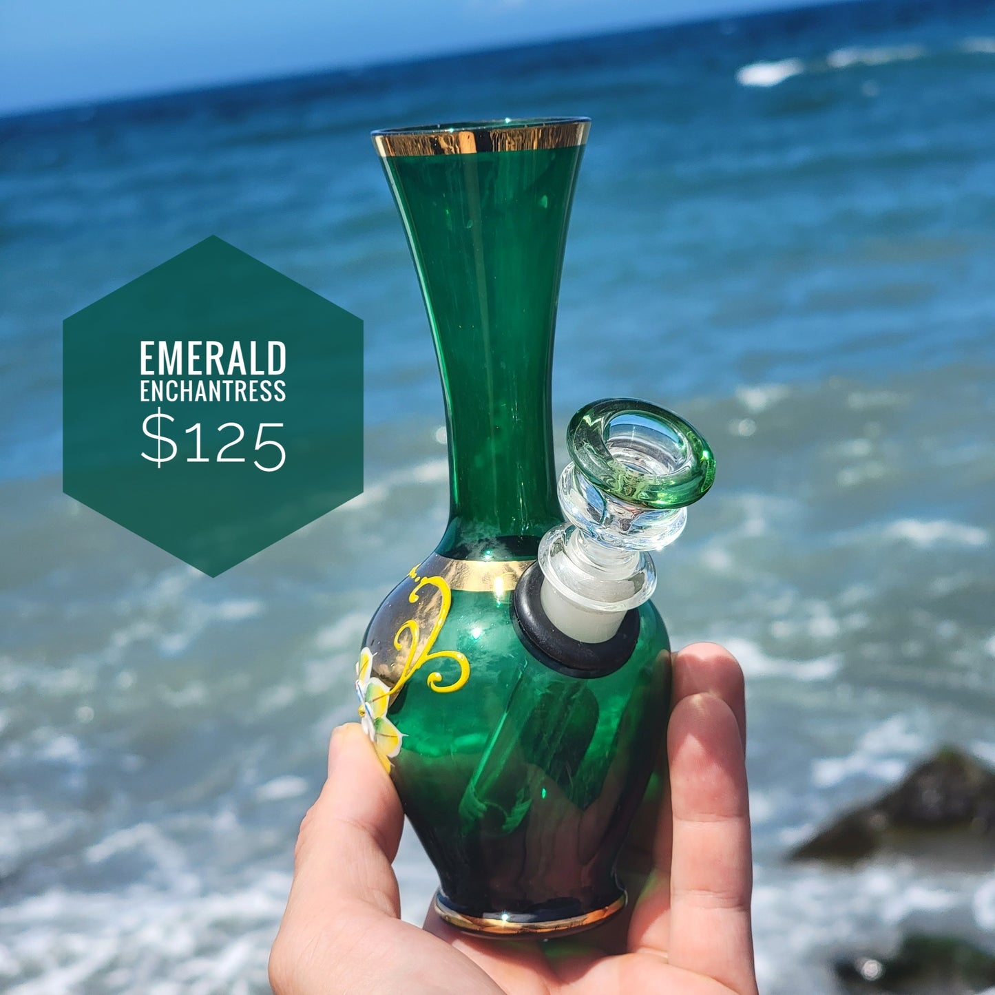 "Emerald Enchantress" Vintage Handblown Handpainted Gilded Glass Bong