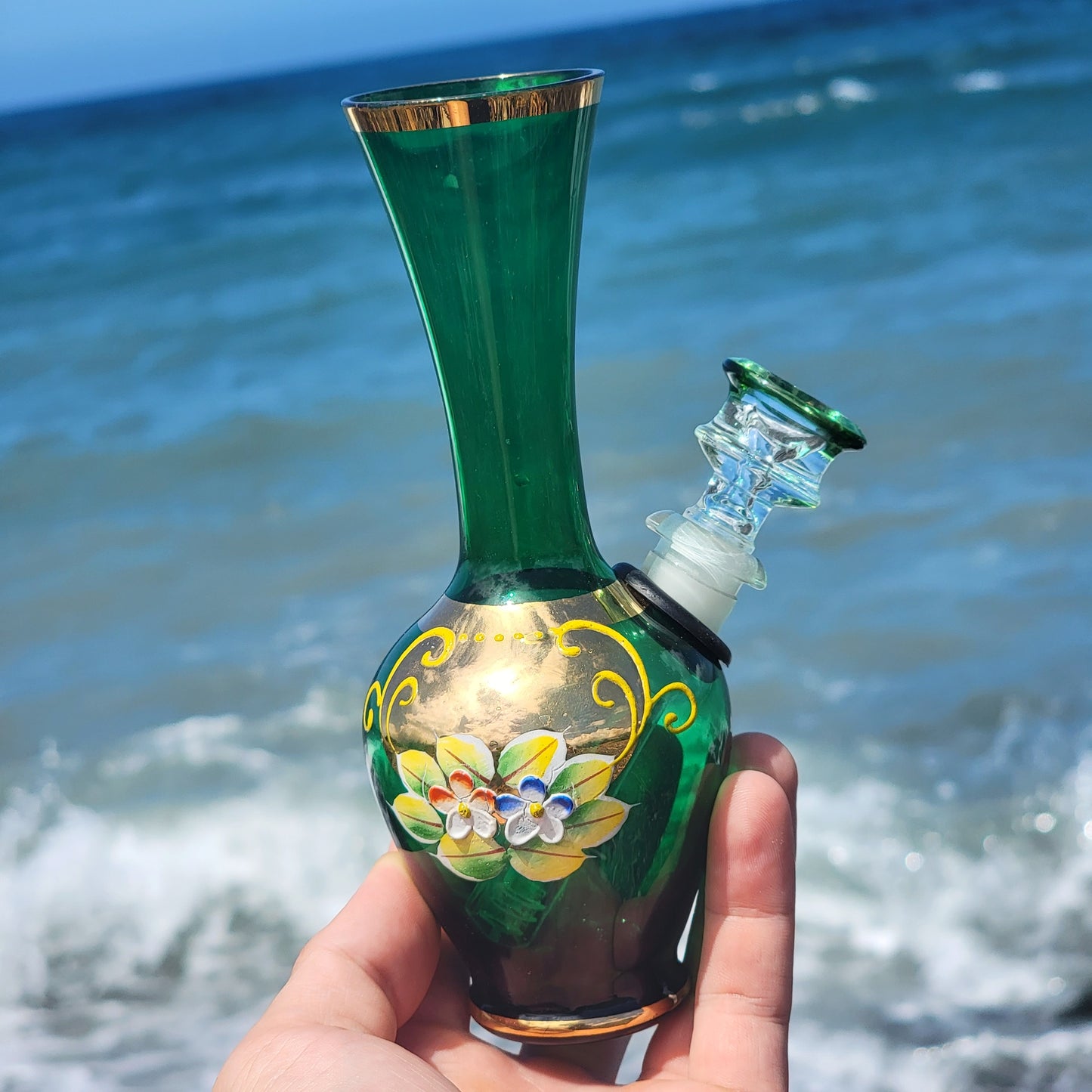 "Emerald Enchantress" Vintage Handblown Handpainted Gilded Glass Bong