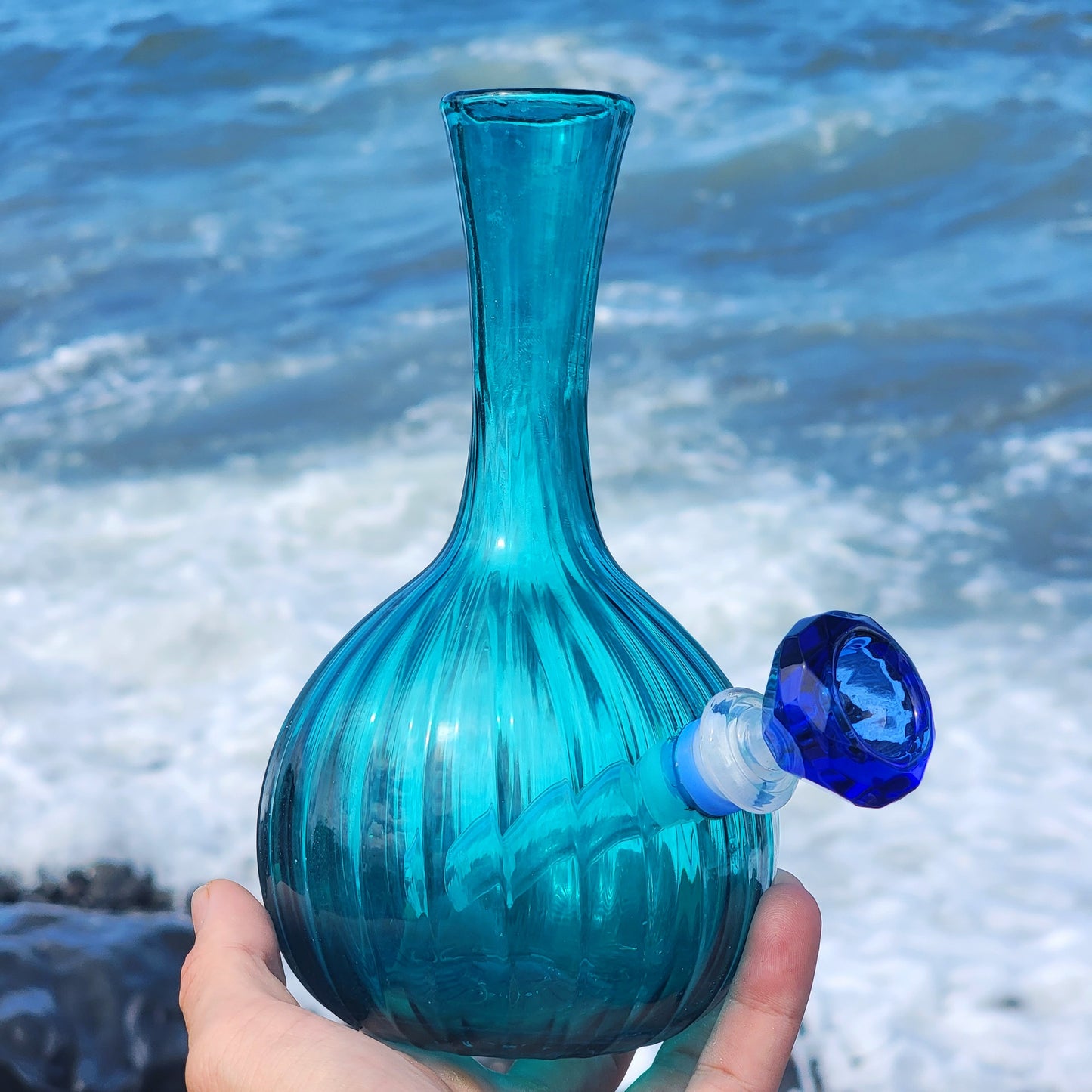 "Posiedons Piece" Vintage Upcycled Handblown Glass Ribbed Vase Bong