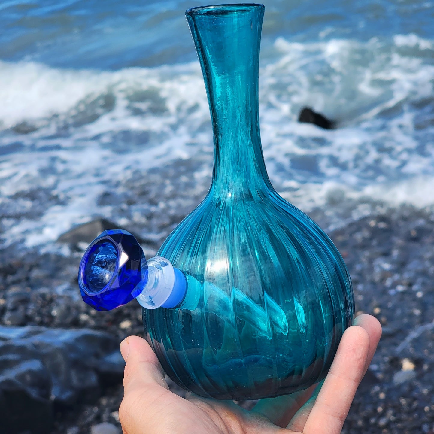 "Posiedons Piece" Vintage Upcycled Handblown Glass Ribbed Vase Bong