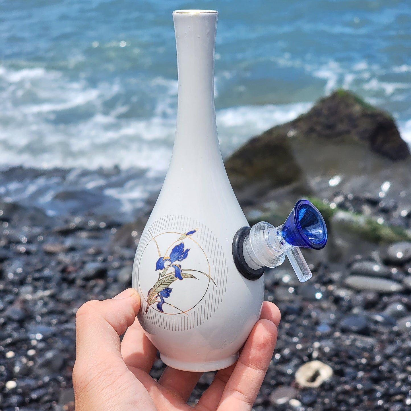 "Blue Iris" Vintage Upcycled Japanese Upcycled Ceramic Bud Vase Bong