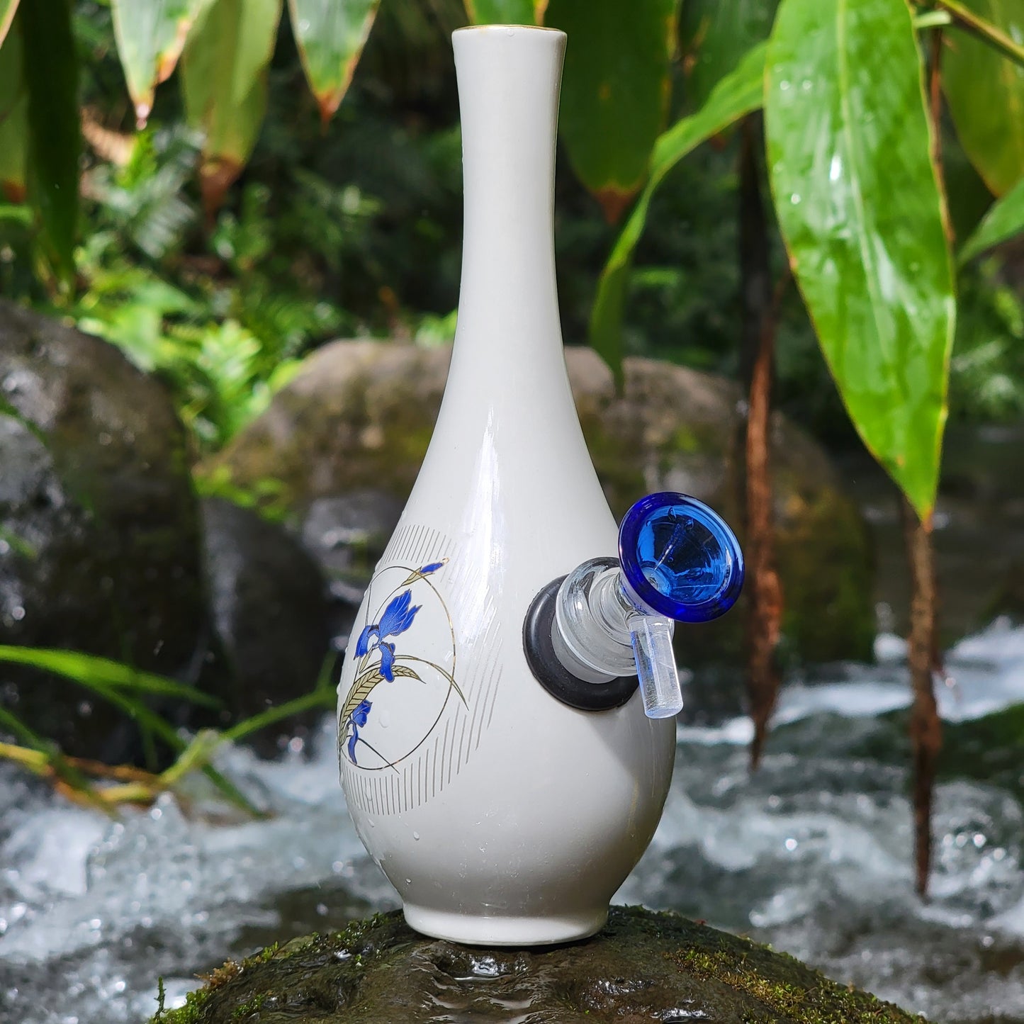 "Blue Iris" Vintage Upcycled Japanese Upcycled Ceramic Bud Vase Bong