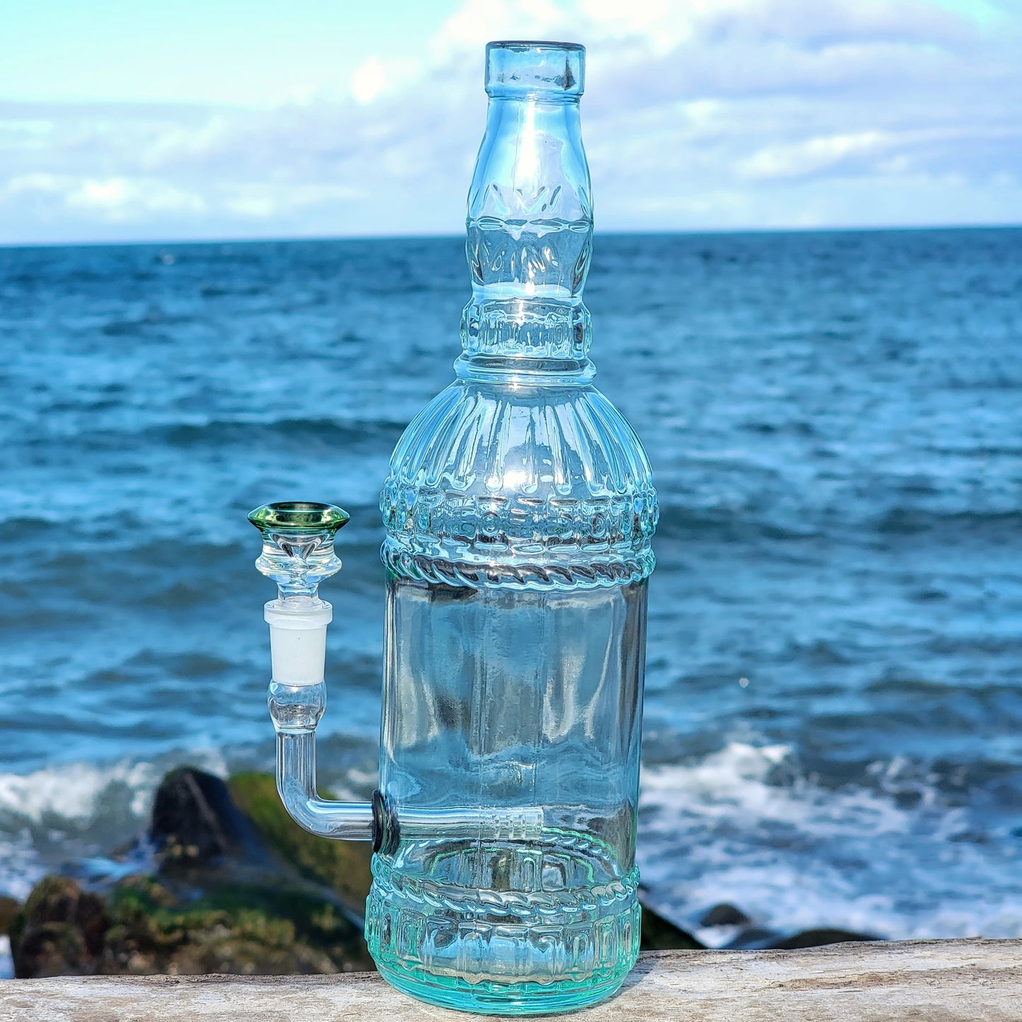 "Bottle Bong" Upcycled Glass Bottle Bong with Relief detailing