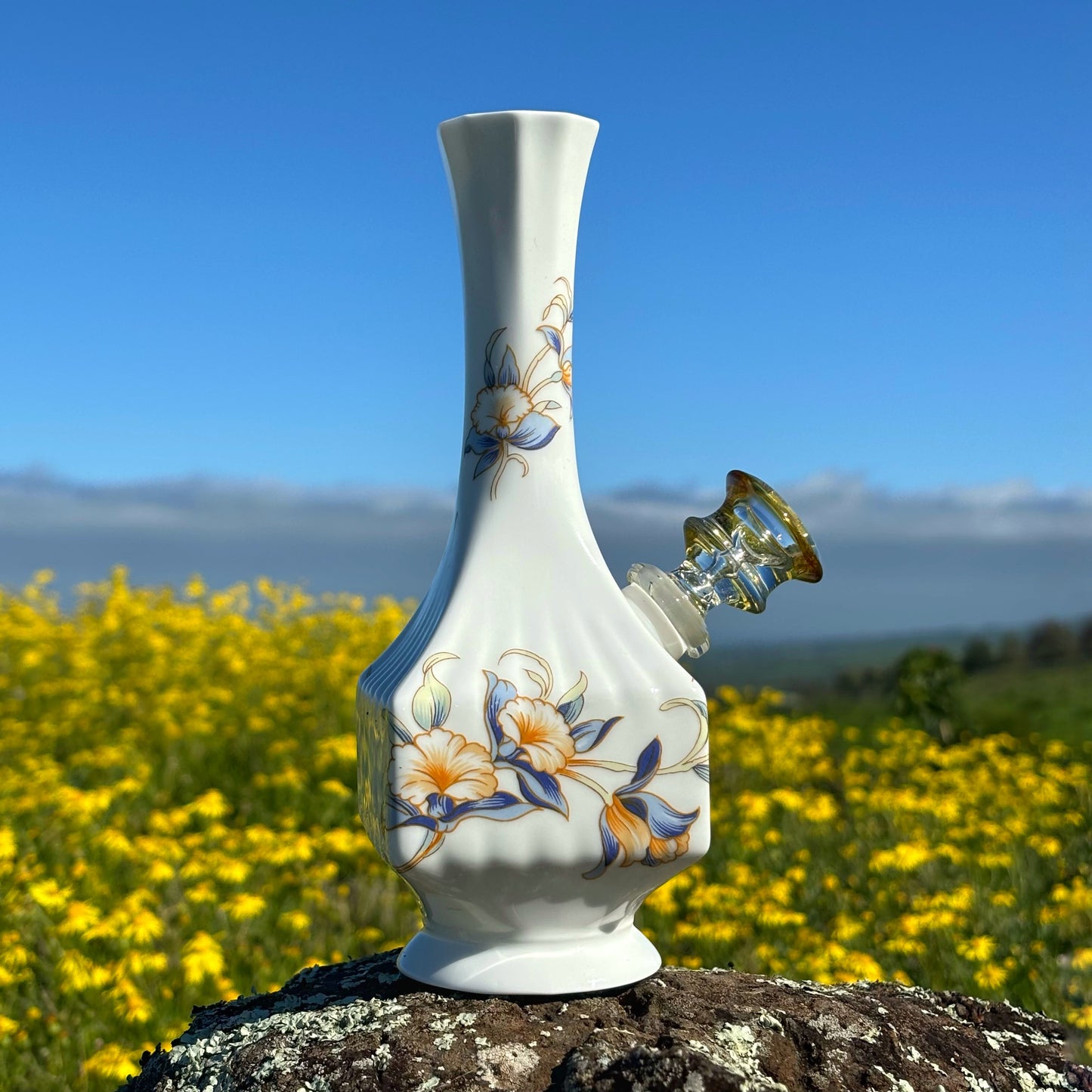“Golden Orchid" Vintage China Upcycled Vase Bong with Gilded Details