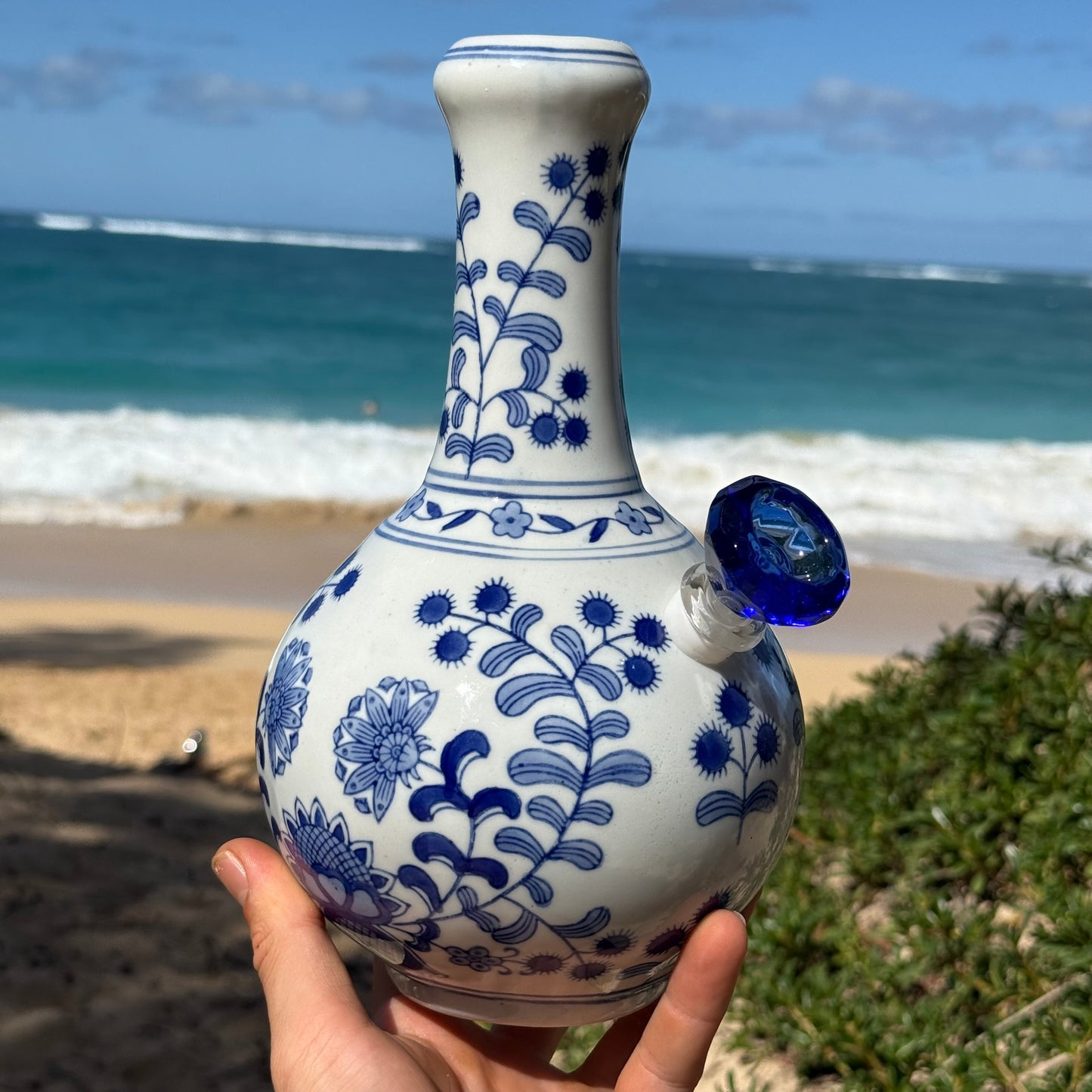 “Azure Omnipotence” Vintage Upcycled Porcelain Ceramic Vase Bong