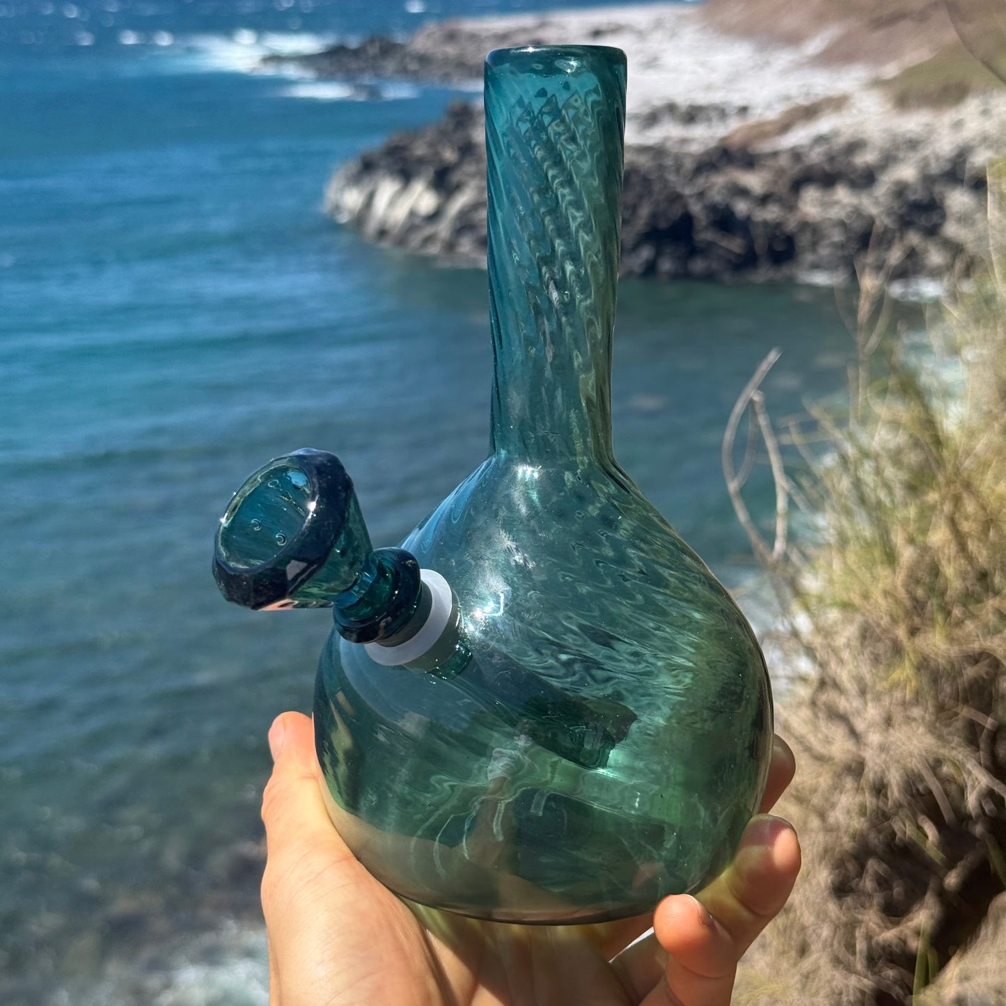 “Teal Totality” Vintage Handblown Teal Glass Swirl Vase Bong